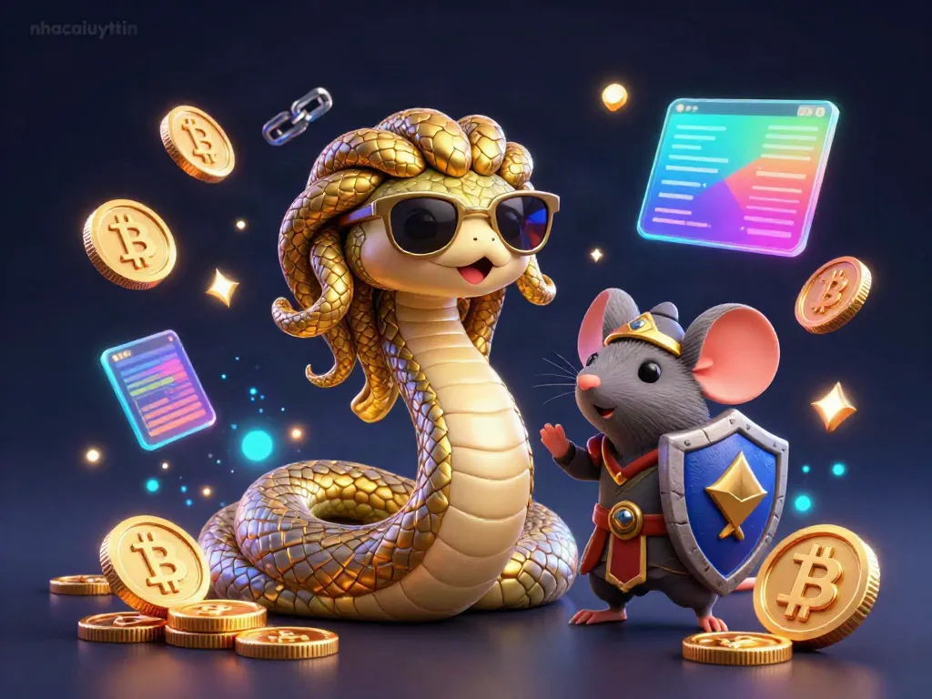 Experience thrilling gameplay at nhacaiuytin with a vibrant illustration of a friendly Medusa and warrior mouse surrounded by crypto elements.