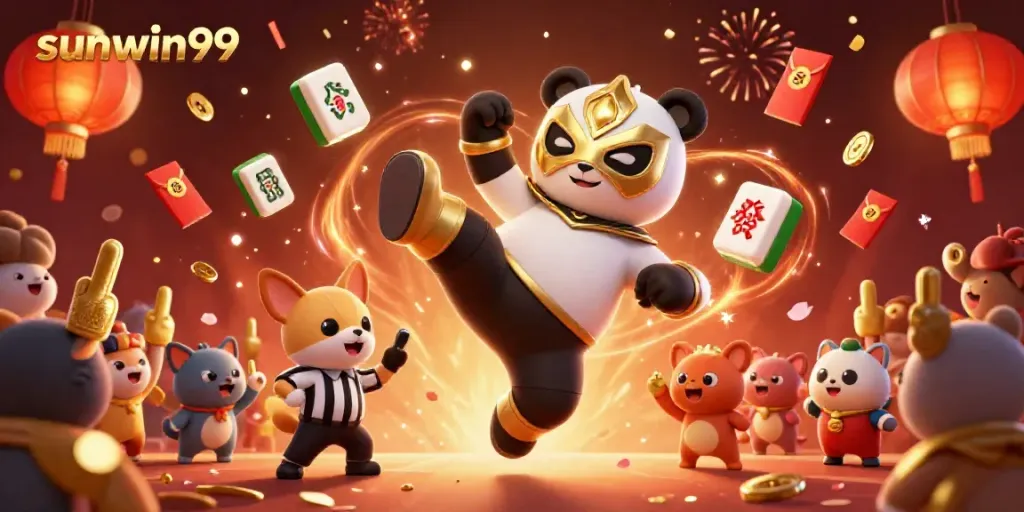 Experience excitement at sunwin99 with the panda wrestler and a festive casino atmosphere.