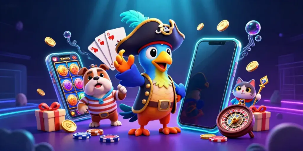 Engage in thrilling games at ee88 with a vibrant illustration of cartoon characters and casino elements.