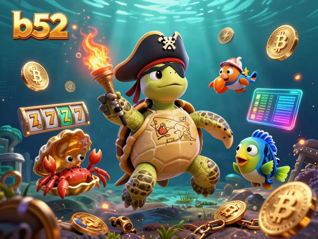 Engage with b52 casino action showcasing a vibrant 3D scene with pirate characters and glowing slot game elements.