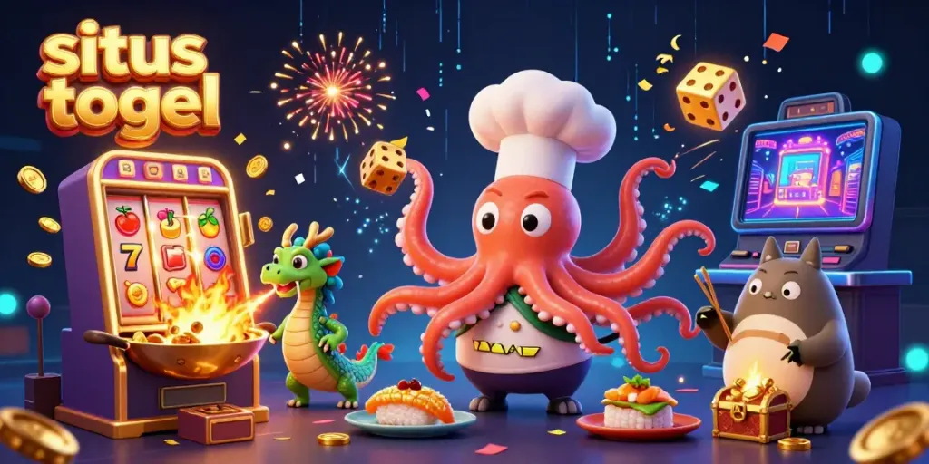 situs togel vibrant slot machine scene featuring sushi chef octopus and dragon with jackpot elements