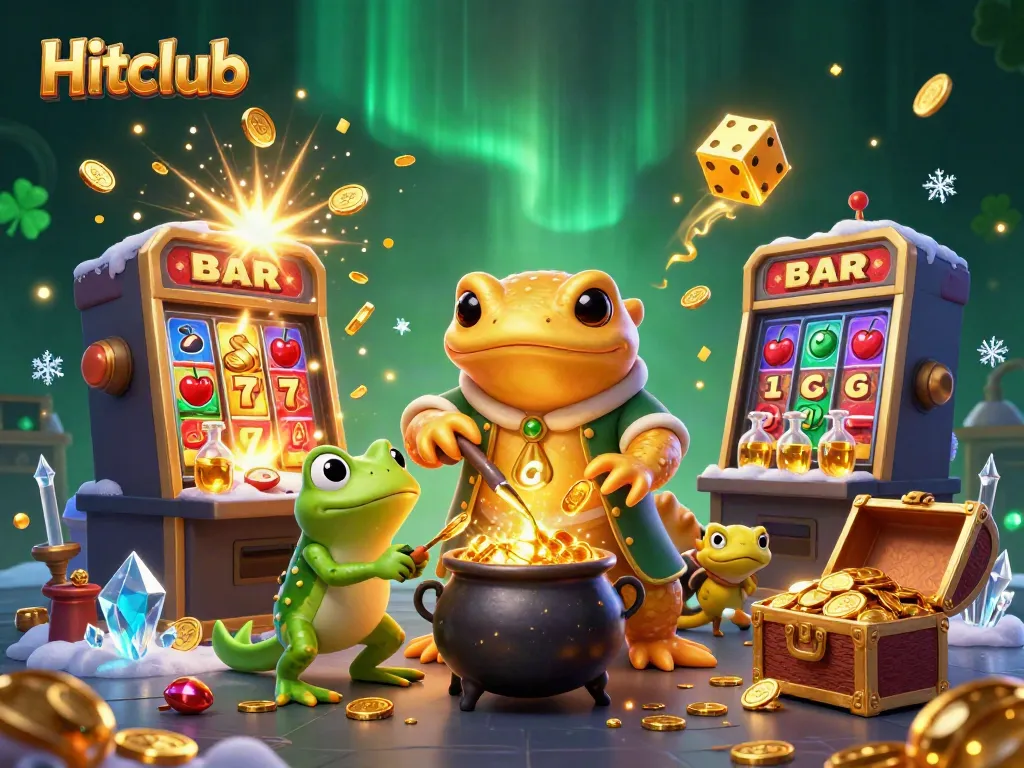 Hitclub players engaging with a vibrant 3D casino scene featuring gold elements and slot machine jackpots.
