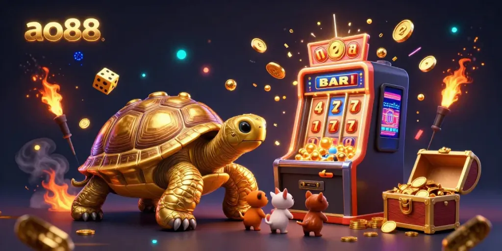 Engage with the dynamic gaming scene featuring ao88 where the golden tortoise, slot machine, and treasure burst with excitement.