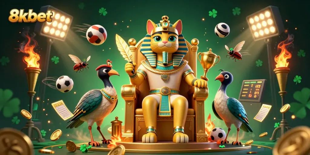 Experience the excitement of 8xbet with a dynamic online betting scene featuring a pharaoh cat and sports elements.