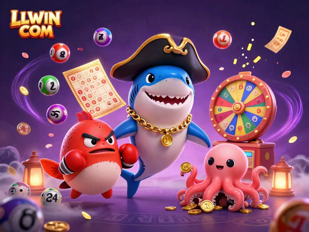 Engage with LLWIN COM's thrilling gaming world featuring vibrant lottery balls, golden tickets, and cartoonish characters.