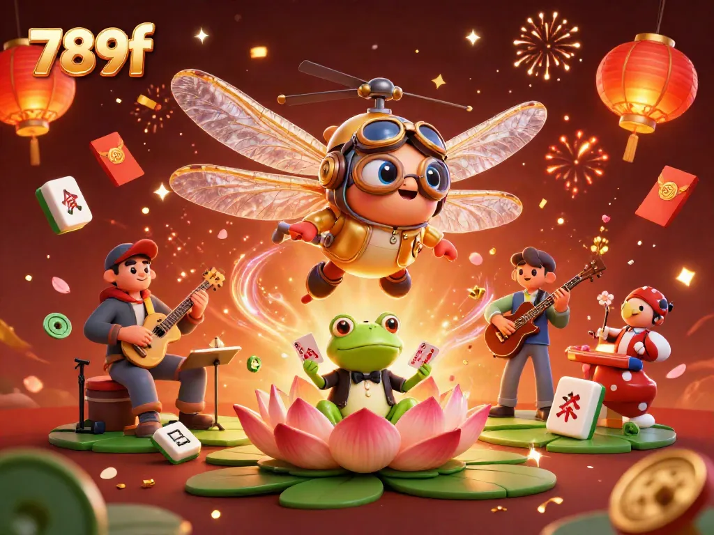 Experience thrilling moments at 789f with a vibrant casino scene featuring a dragonfly pilot and frog croupier.