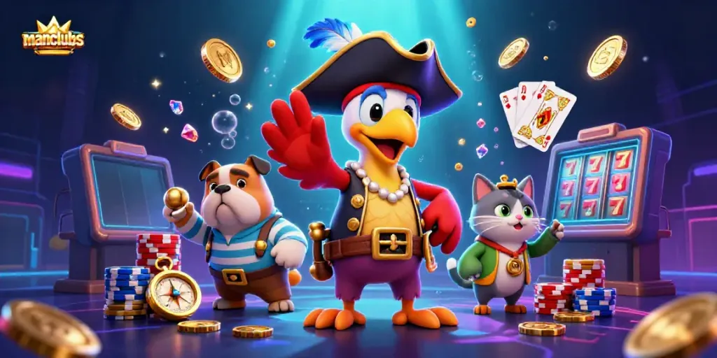 Engage with manclubs-style casino gaming illustrated by vivid 3D characters and golden treasures.