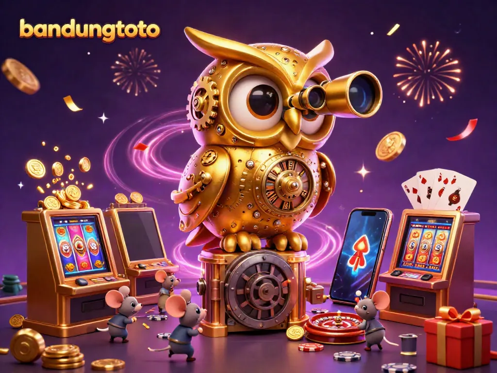 Experience the thrill of gaming with bandungtoto as a golden owl oversees a bustling casino floor filled with animated characters.