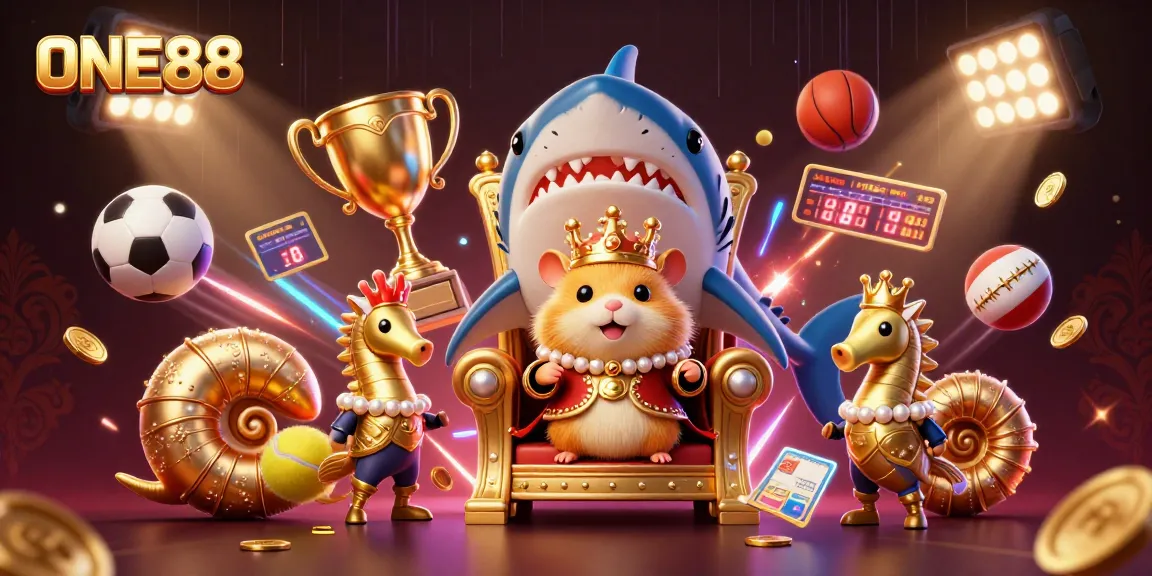 Experience thrilling games at ONE88 with our dynamic casino illustration featuring a golden hamster king.