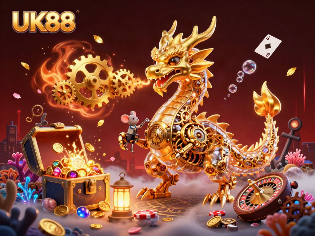 Experience UK88's thrilling 3D casino adventure with dynamic golden dragon and vibrant gaming elements.