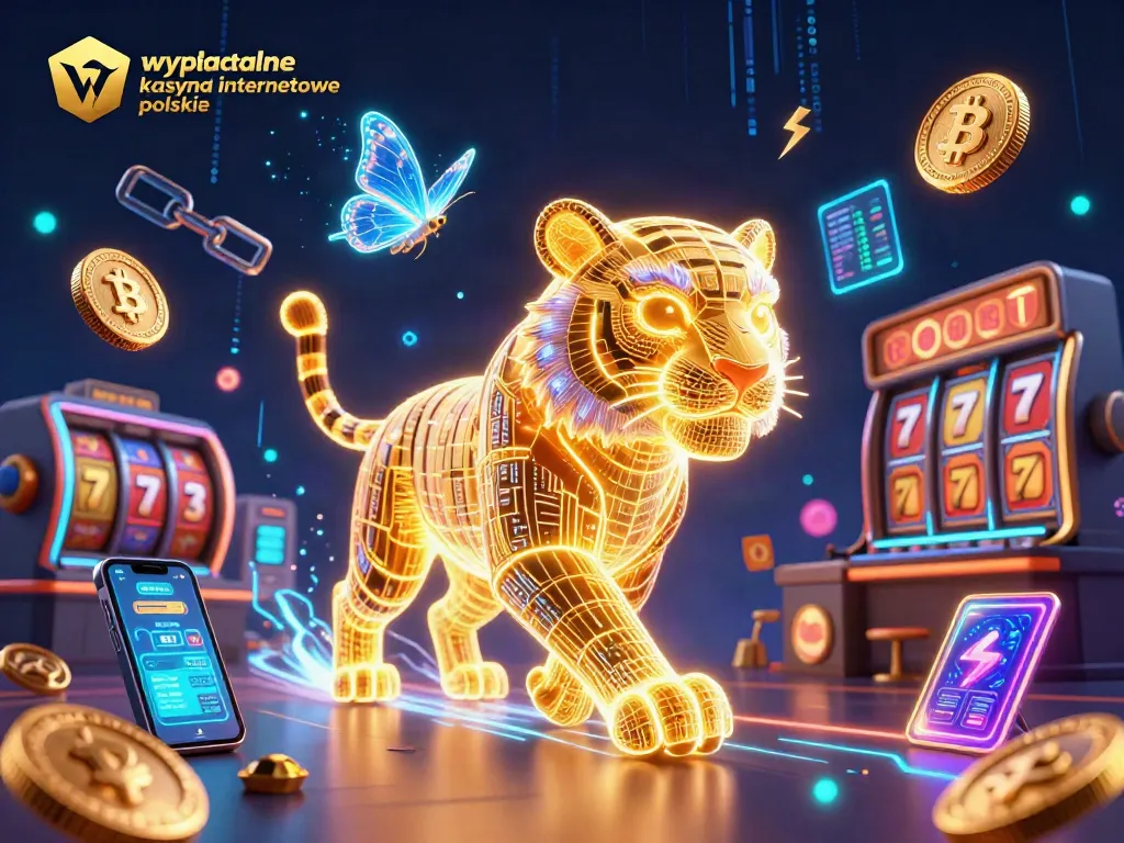 Engage with wypłacalne kasyna internetowe polskie featuring a vibrant scene with a golden tiger and crypto-themed elements.