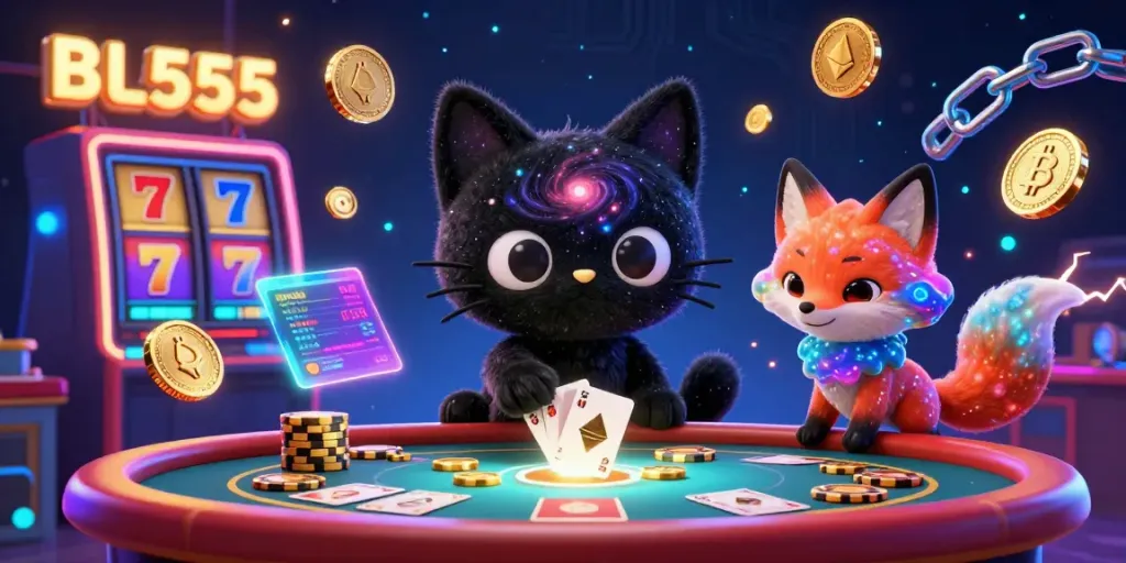 Experience BL555's cosmic casino with a gravitational cat and vibrant slot elements.