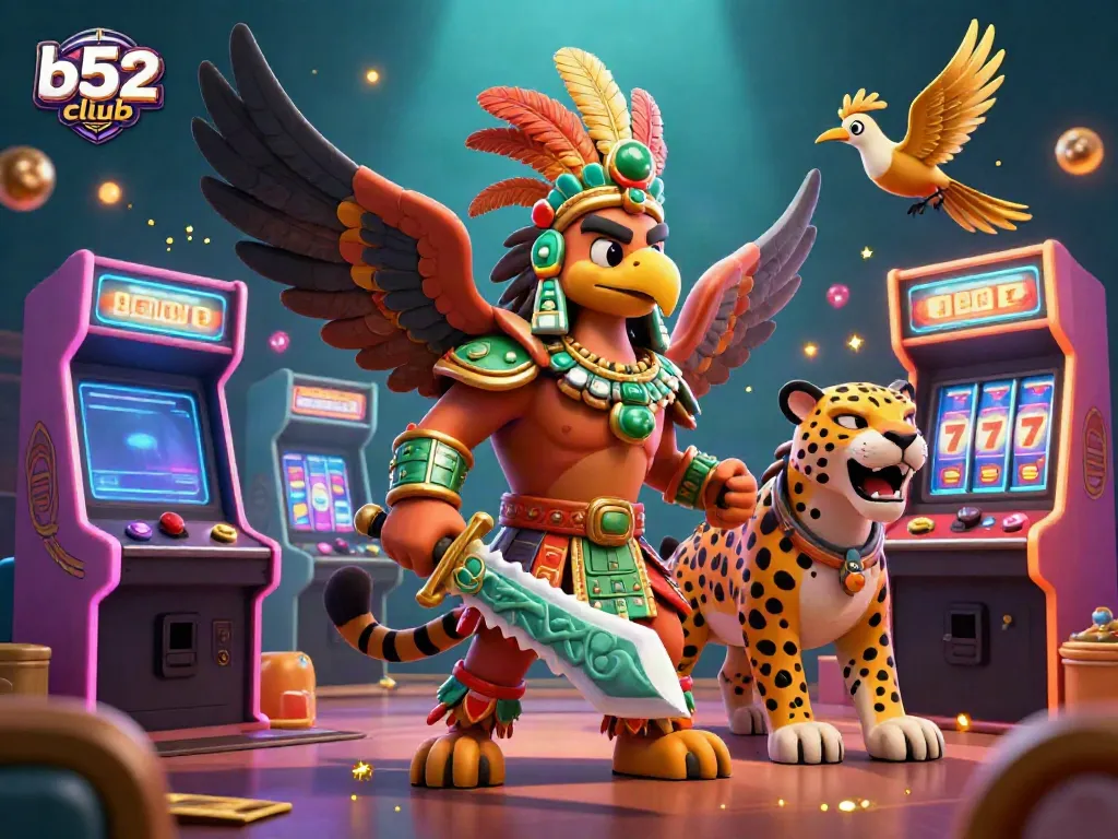 Experience the vibrant gameplay of b52 club, featuring casino elements like slot reels and golden coins.