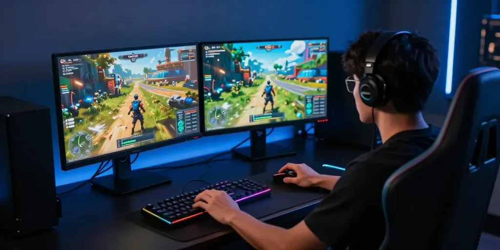 Penggemar wismabet bermain di setup gaming modern dengan efek RGB.