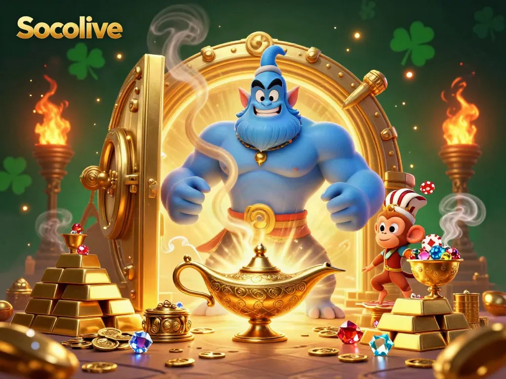 Socolive showcases an engaging genie theme, with gambling elements dancing around the scene, emphasizing magical fun.