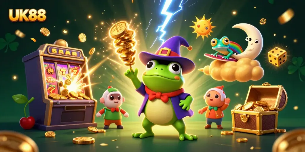 Experience UK88 with a whimsical scene of a wizard frog, chameleon, and explosive golden winnings.