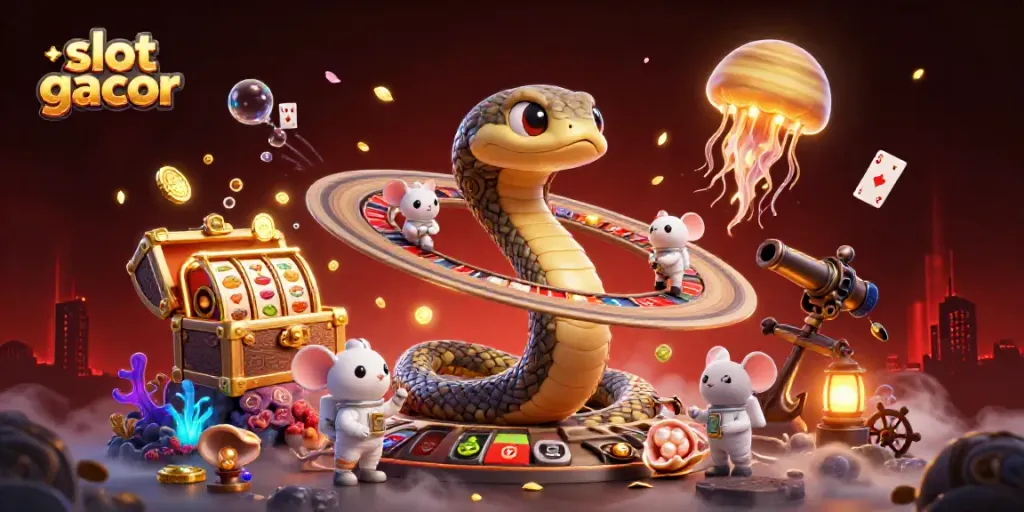 Visualisasi slot gacor dengan elemen kasino dan karakter unik di ruang angkasa
