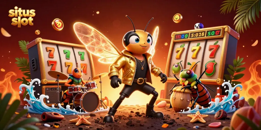 Engage with situs slot as a rock star bursts onto the scene amidst vibrant gaming elements.