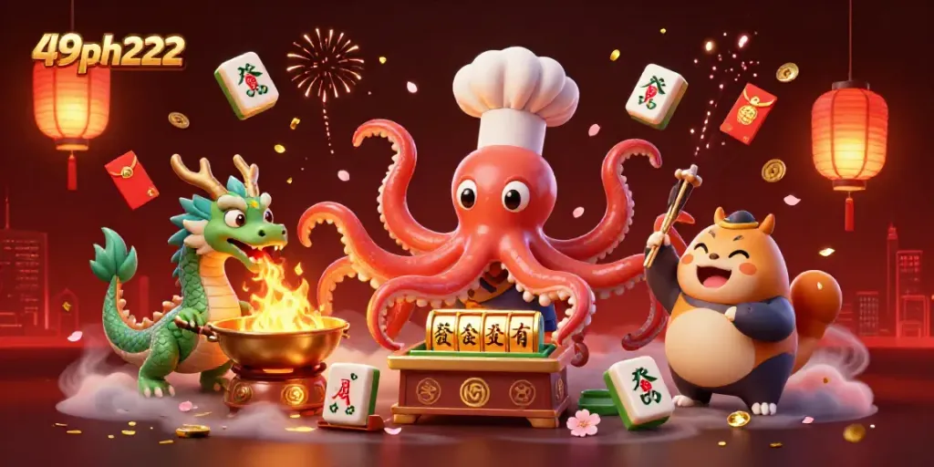 Experience festive slot gaming action with 49ph222 in a vibrant illustration of a sushi chef octopus and dragon.