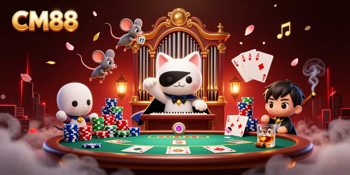 Experience CM88's exciting gaming with a whimsical phantom and acrobat in an ornate casino illustration.