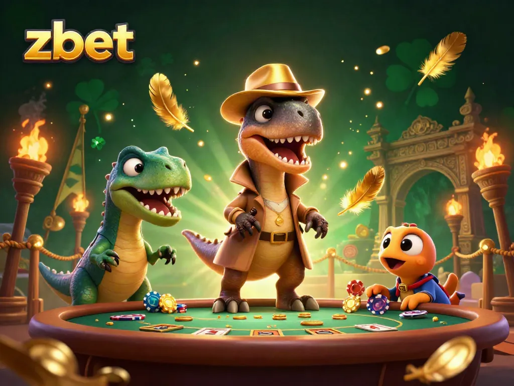 Experience thrilling gameplay at zbet with a cartoon velociraptor at a blackjack table surrounded by dynamic elements.