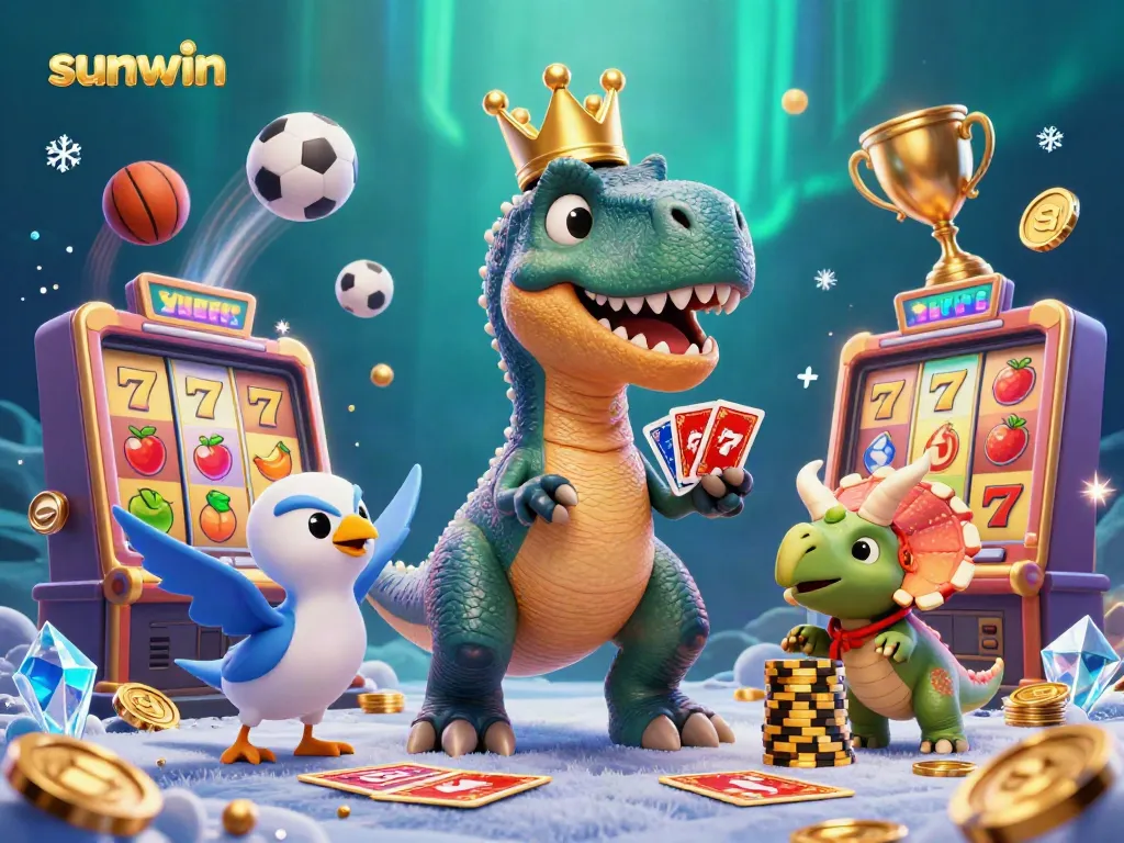 Experience thrilling sunwin excitement with a T-Rex shuffling cards in a dynamic casino scene.