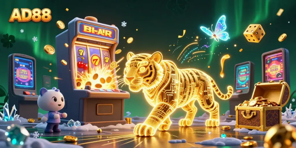 Experience AD88's thrilling casino wins with a vibrant tiger symbolizing luck and excitement.