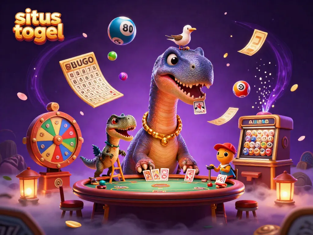 A vibrant 3D scene illustrating situs togel with a brontosaurus and raptor dealing cards amidst a dynamic casino atmosphere.