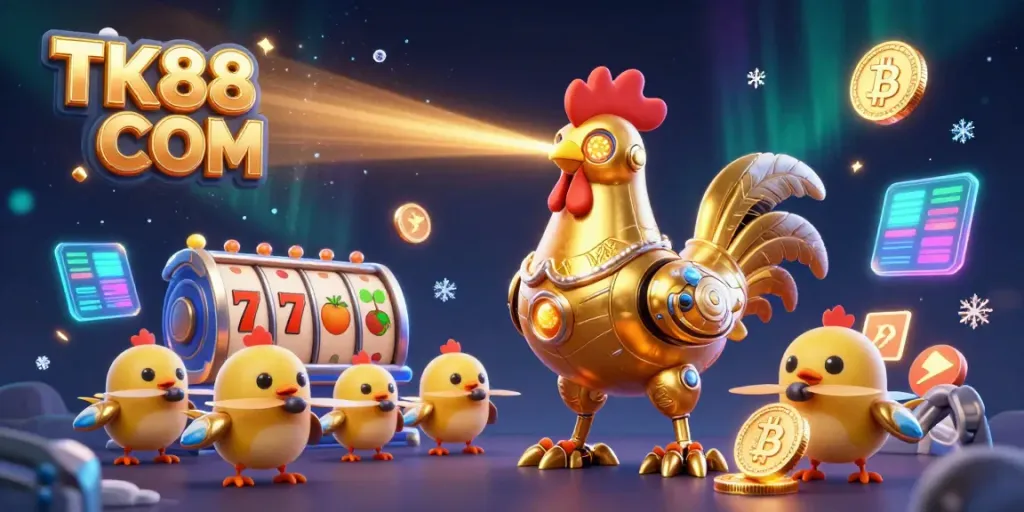 Experience the excitement of TK88 COM slots with a dynamic 3D rendering of a golden rooster robot and its baby chick drones.