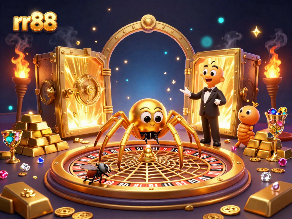 rr88 characters spin a roulette web while placing bets in this vibrant casino scene.