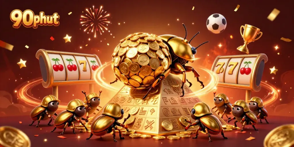 Bet on 90phut with vibrant casino elements in a dynamic, festive 3D illustration scene.