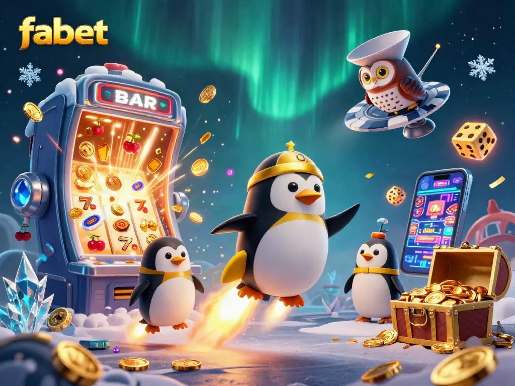 Experience thrilling gameplay with fabet, merging a gold penguin, coins, and vibrant casino elements.