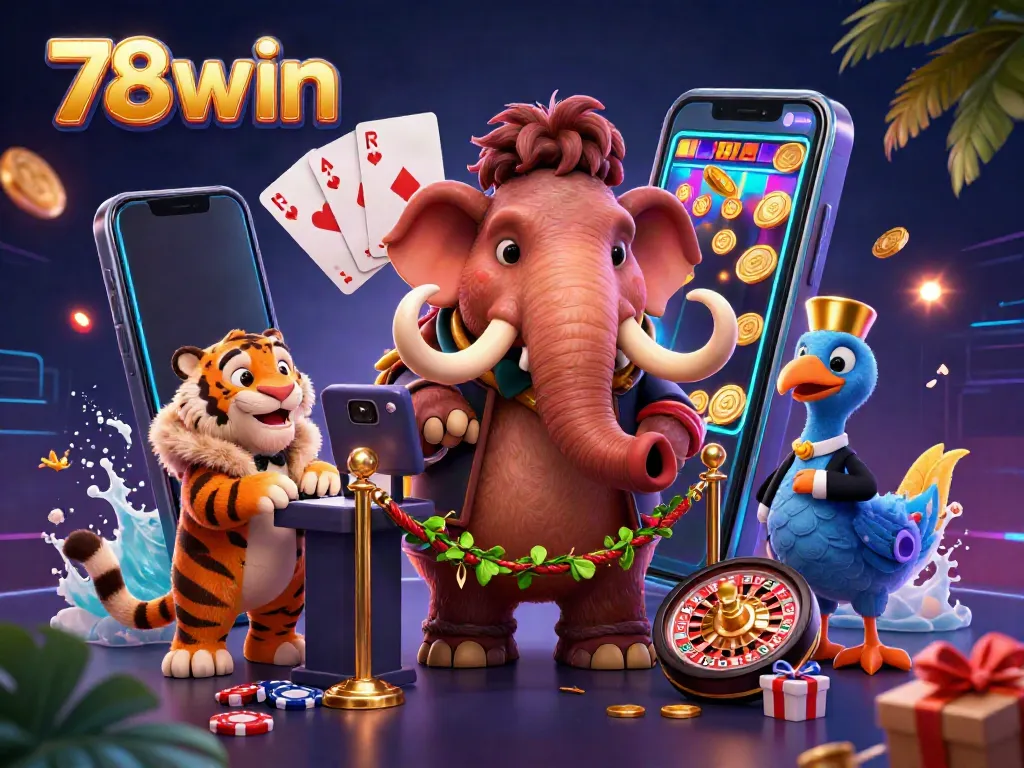 78win showcases an ultra-detailed scene with a woolly mammoth bouncer and a saber-tooth tiger VIP in a vibrant casino backdrop.