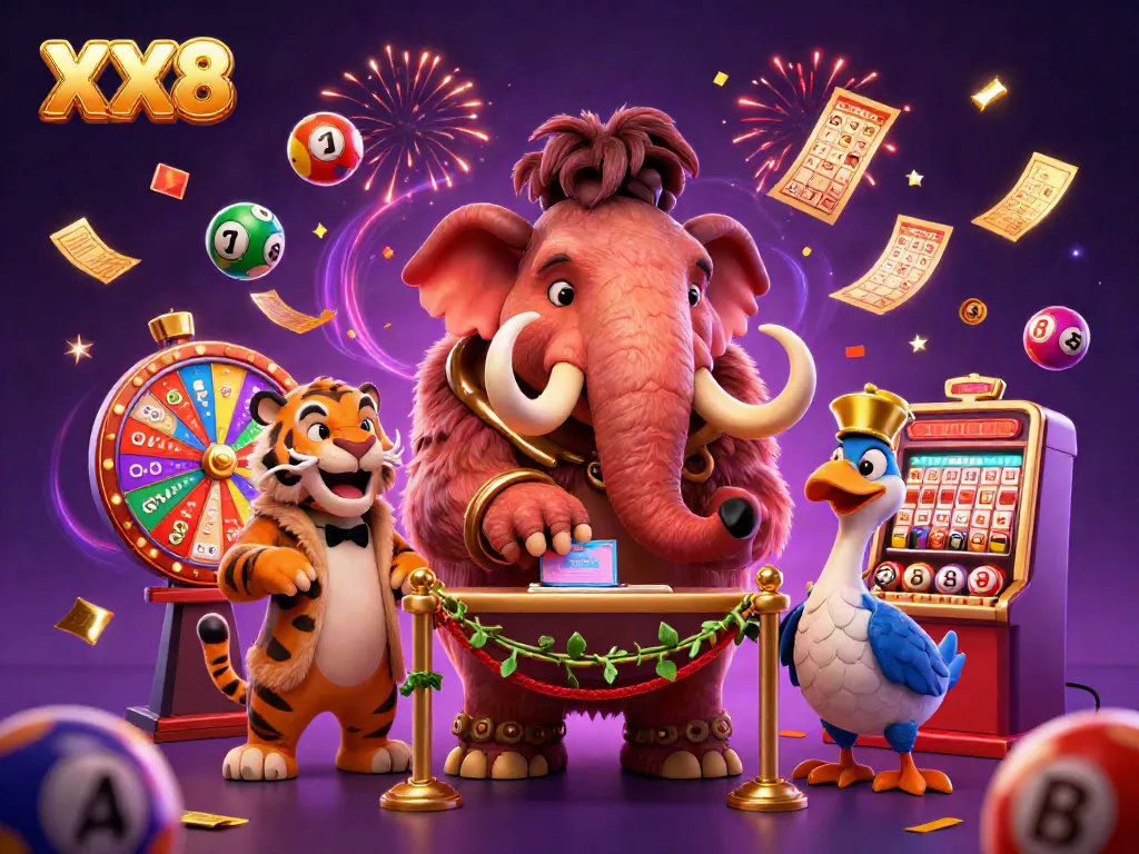 Experience vibrant casino fun with energetic characters at XX8, including a bouncer, VIP guest, and doorman.