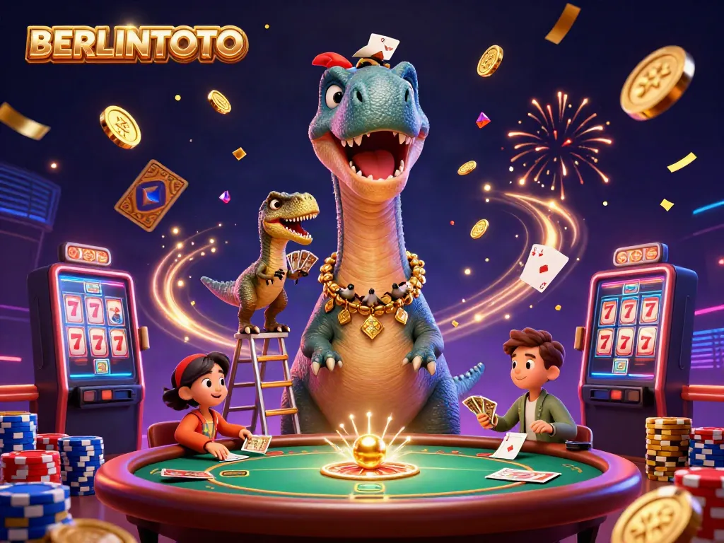 Play casino games with BERLINTOTO among a vibrant 3D illustration filled with excitement.