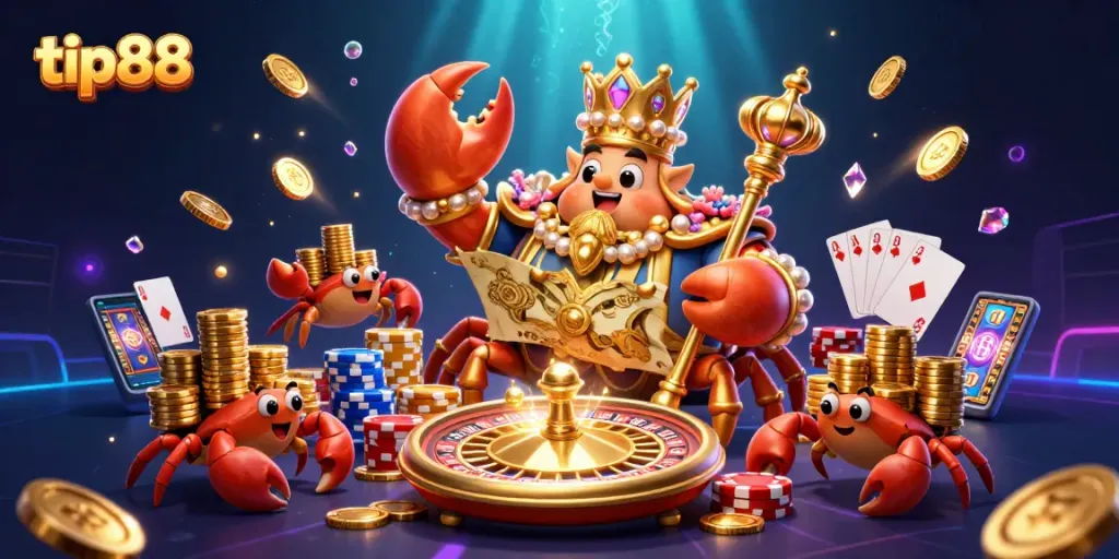 Engage with tip88 as the golden crab emperor showcases rich casino treasures surrounded by vibrant games.