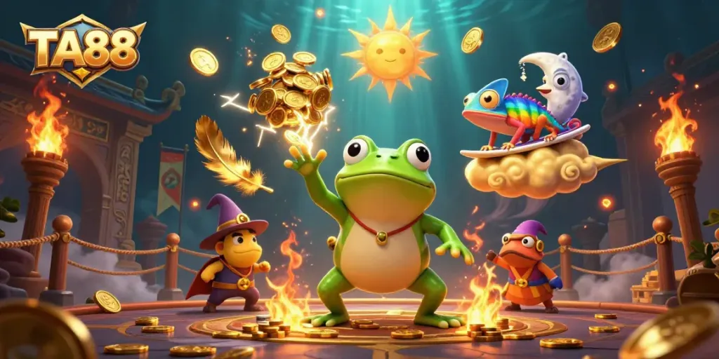 Experience the excitement of TA88 with a festive illustration of a weather wizard frog and chameleon amidst golden coins and casino elements.