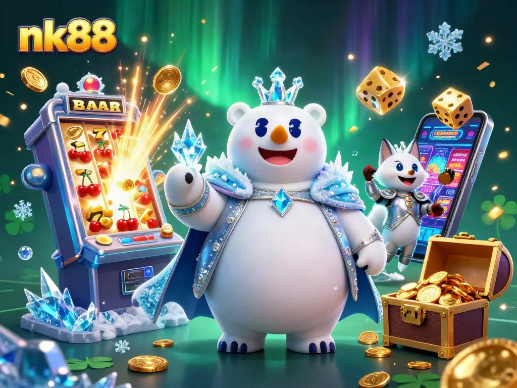 Spin for jackpots at nk88 with an enchanting polar bear and fox amid golden treasures.