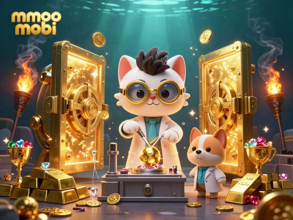 Engage with mmoo mobi's thrilling casino experience featuring a mad scientist cat and a dog in a treasure-filled lab.