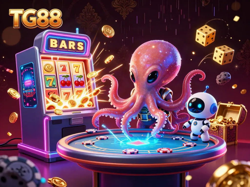 Experience gaming excitement with TG88's vibrant alien-themed 3D scene full of jackpot fun.