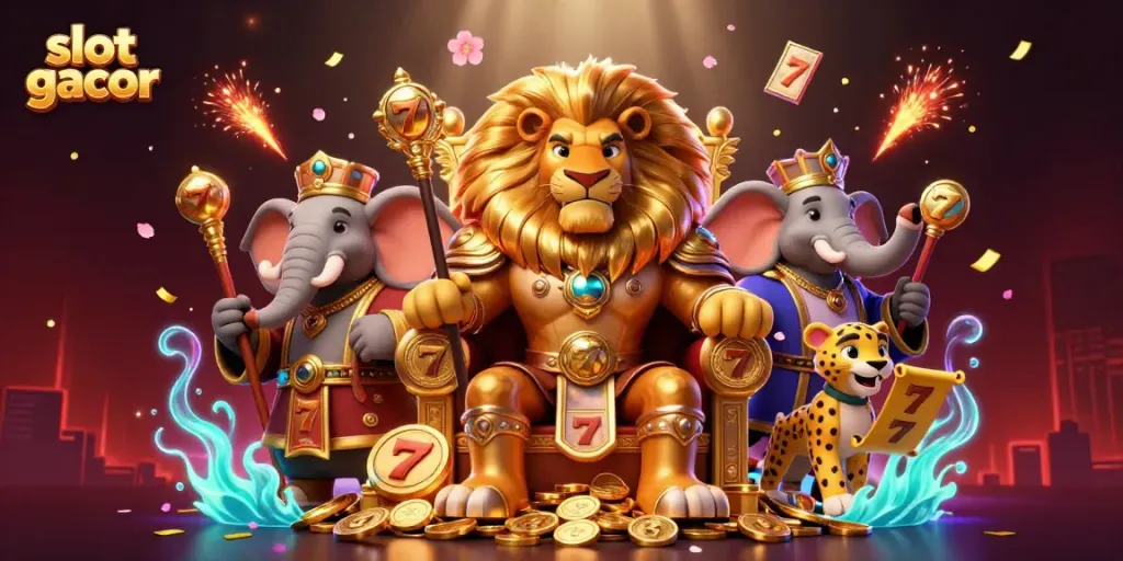 Slot gacor yang menarik dengan raja singa, gajah, dan cheetah di antara simbol permainan