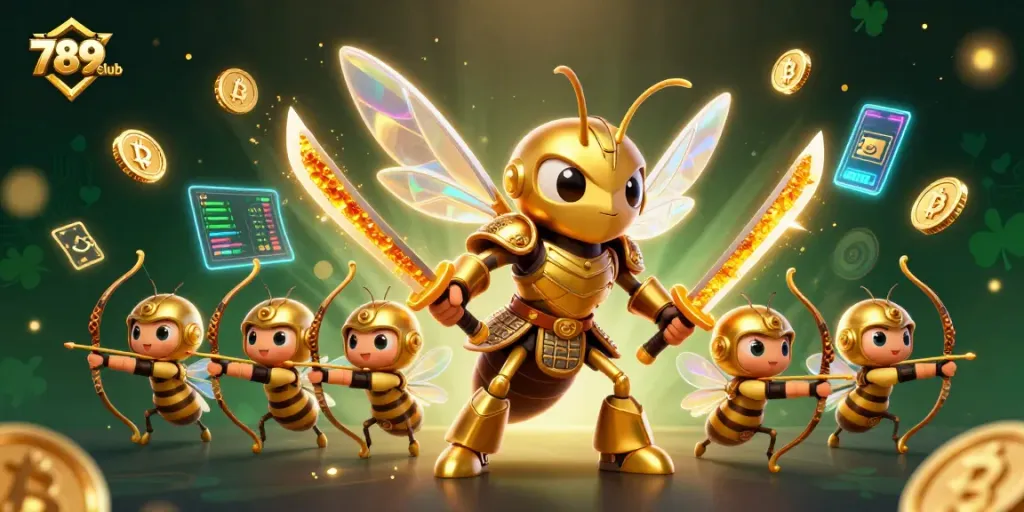 Engage with 789club's vibrant gaming world, featuring samurai hornets and glowing crypto coins.
