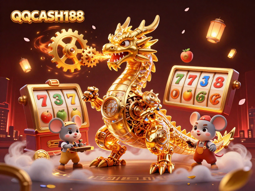 Engage with the exciting world of QQCASH188 featuring a dynamic 3D illustration of a golden dragon amidst glowing slot reels and festive confetti.