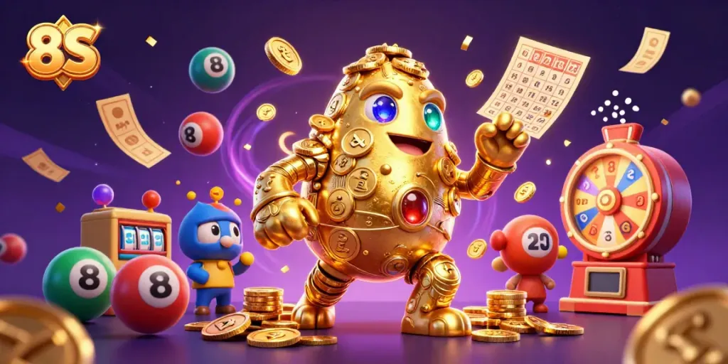 Win big with 8S as golden figures and lottery elements create a vibrant casino atmosphere.