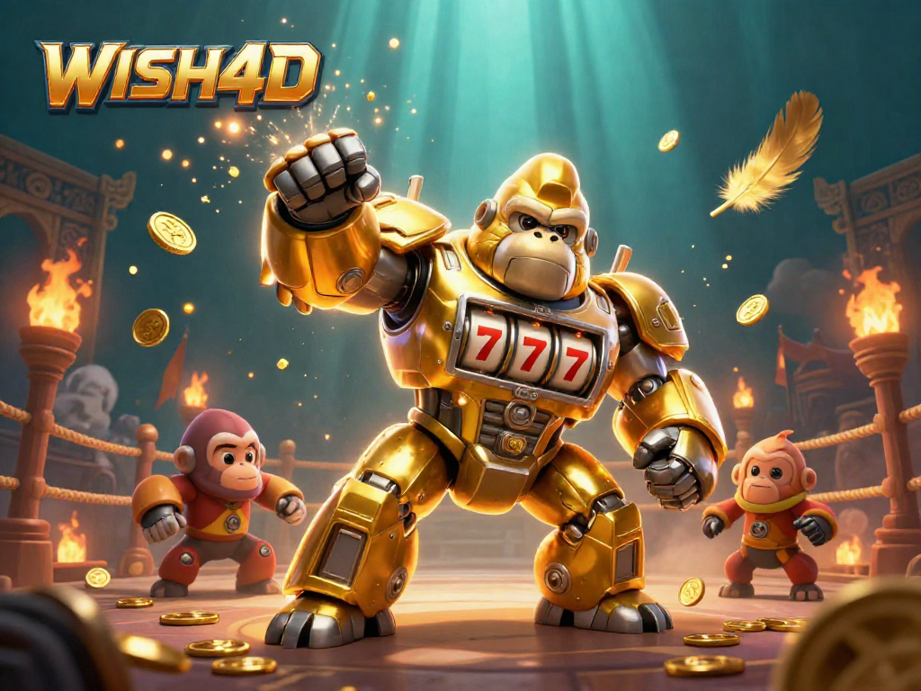 WISH4D's dynamic 3D illustration showcases a golden gorilla mech winning big with slot machine parts.