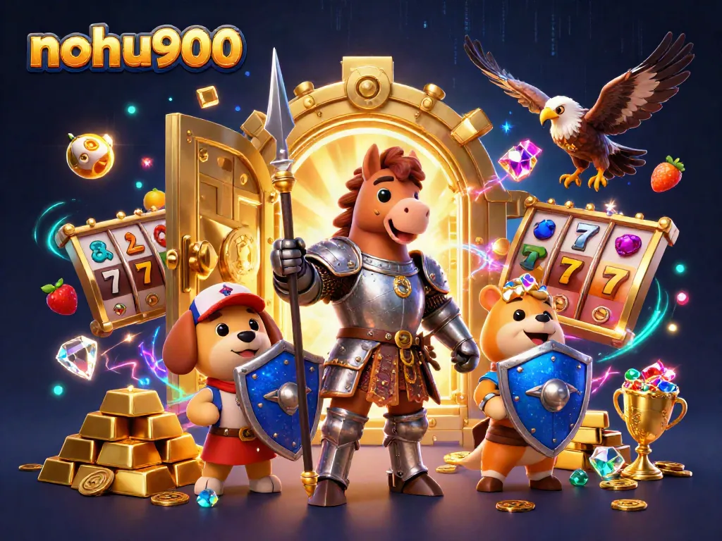 Experience the thrill of nohu900 with a knight and puppy amidst casino elements like gold and slots.