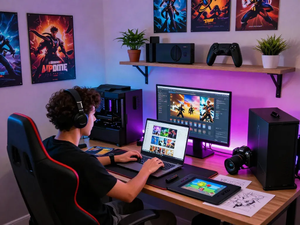 Person browsing warung168 online gaming store with vibrant gaming gear and digital accessories.