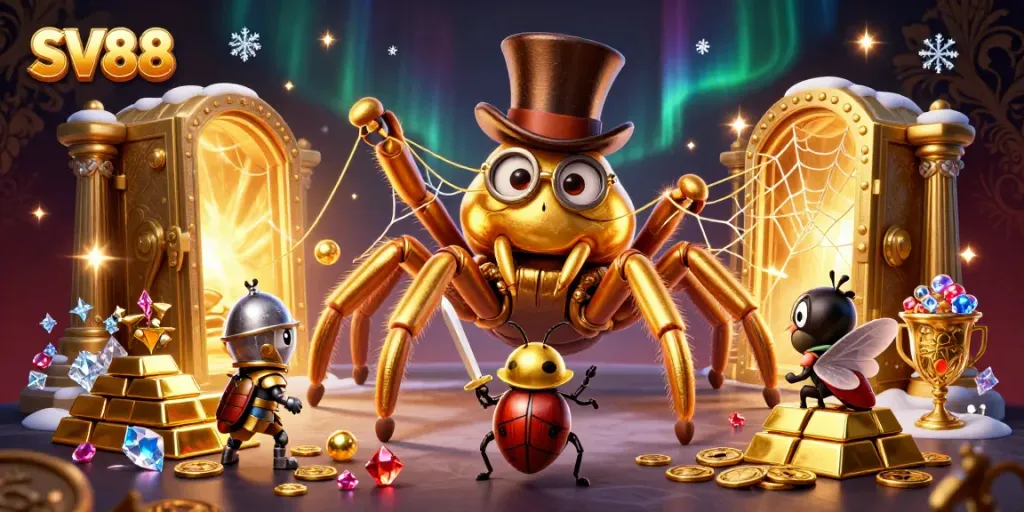 SV88 casino themed illustration depicting a golden tarantula and beetle knight amidst treasure
