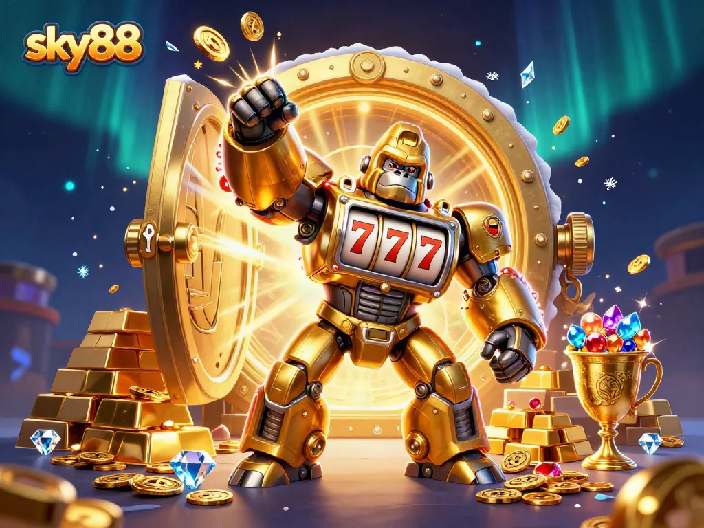 Experience thrilling gaming action at sky88 with a vibrant 3D illustration of a golden gorilla mech.
