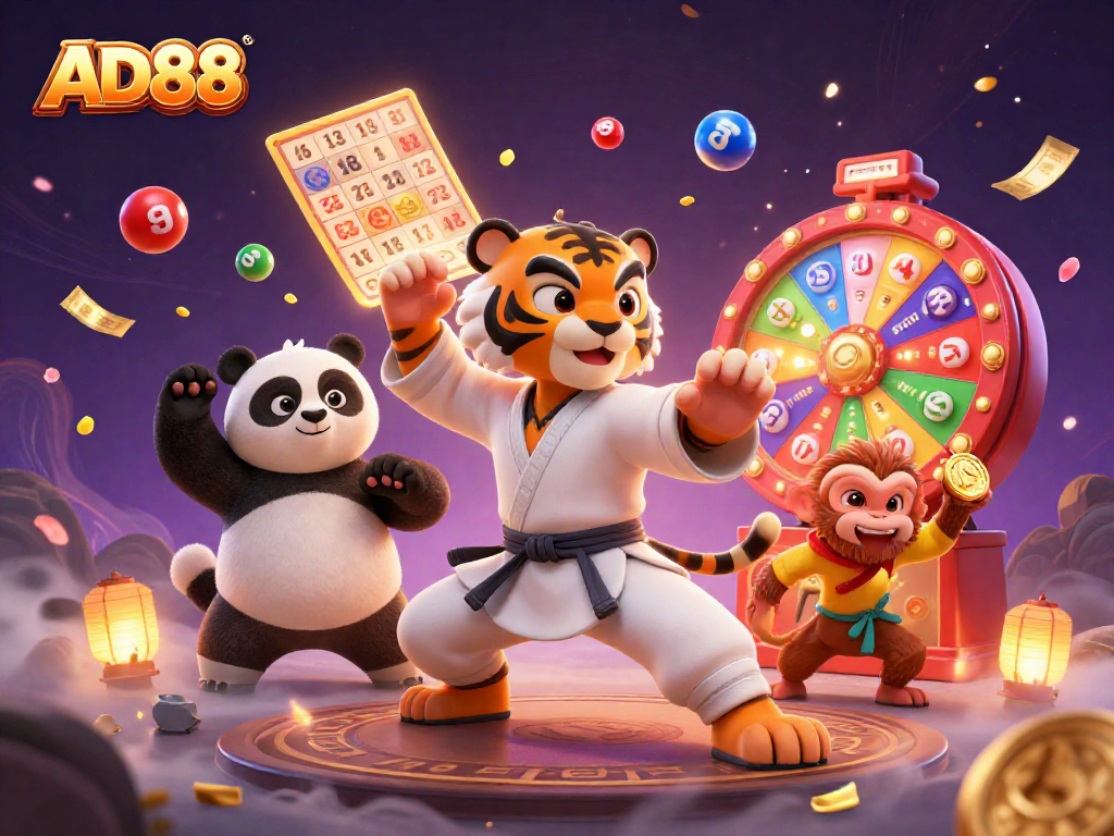 Play the exciting AD88 lottery surrounded by colorful elements and animated characters.